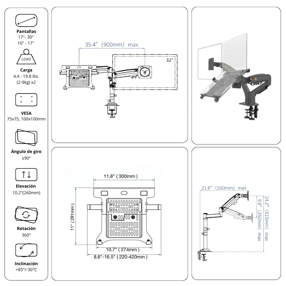 Rack Soporte Ergonómico para 1 PC Portátil y 1 Monitor F160 + FP