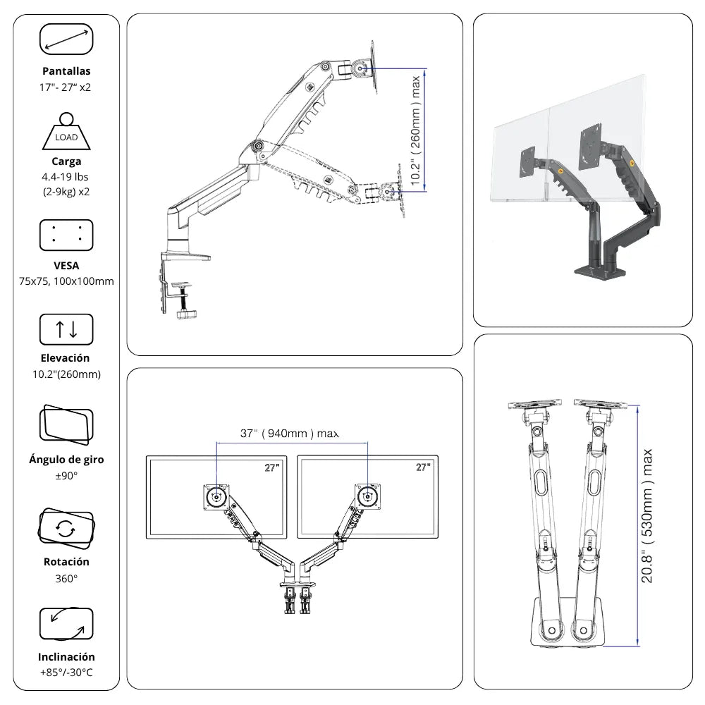 Rack Soporte Ergonómico para 2 Monitores F160