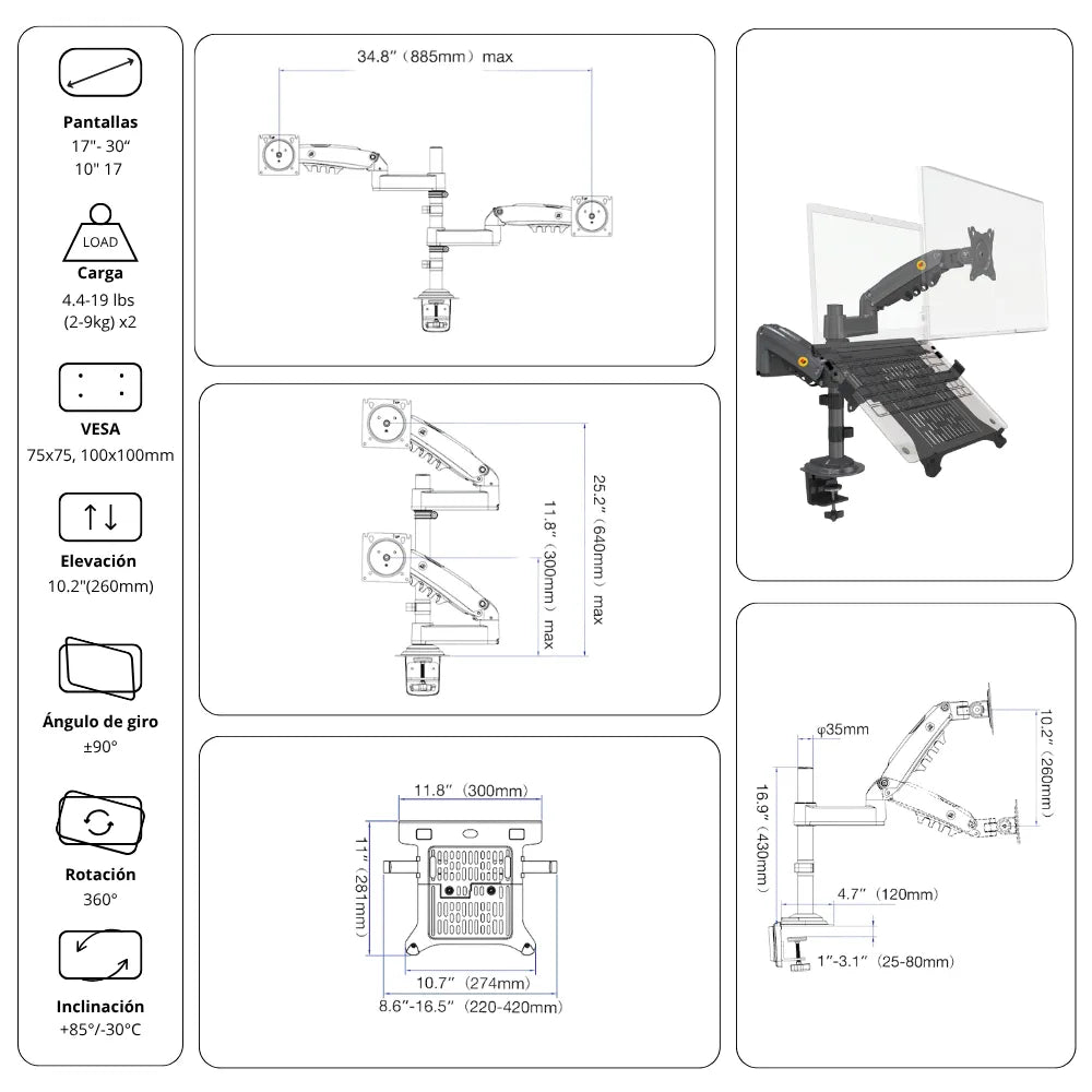 Rack Soporte Ergonómico para 1 PC Portátil y 1 Monitor H180 + FP
