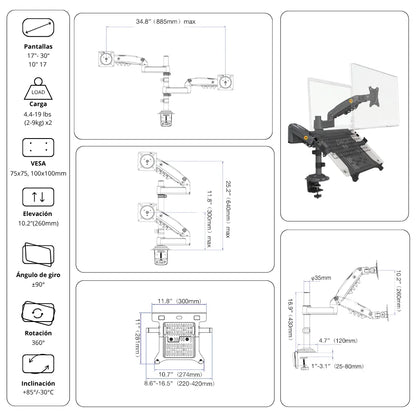 Rack Soporte Ergonómico para 1 PC Portátil y 1 Monitor H180 + FP