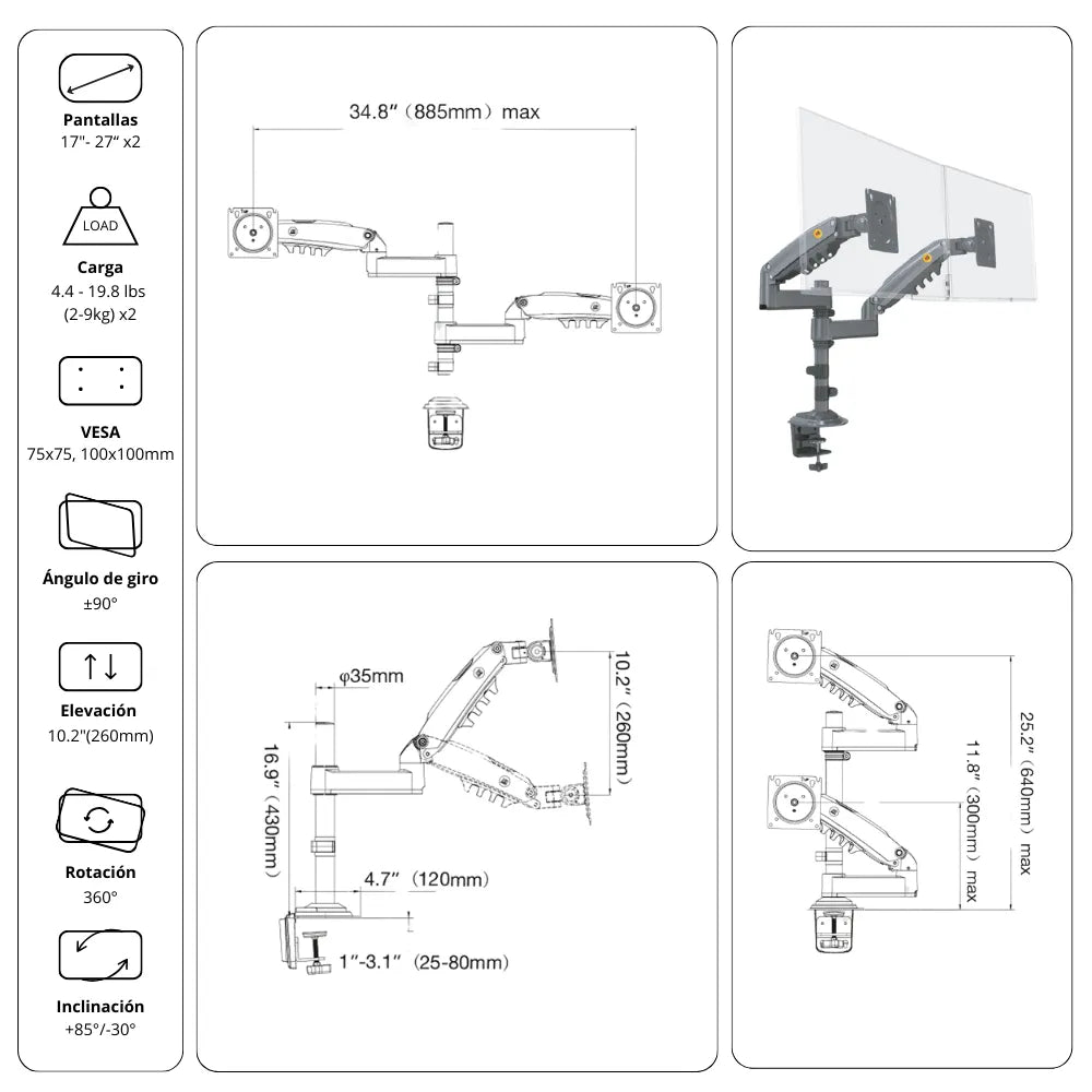 Rack Soporte Ergonómico para 2 Monitores H180
